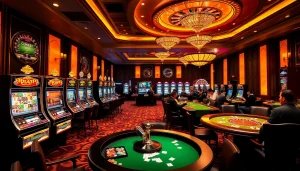 S88vip casino scene showcasing an exciting gaming atmosphere with slot machines and poker tables.