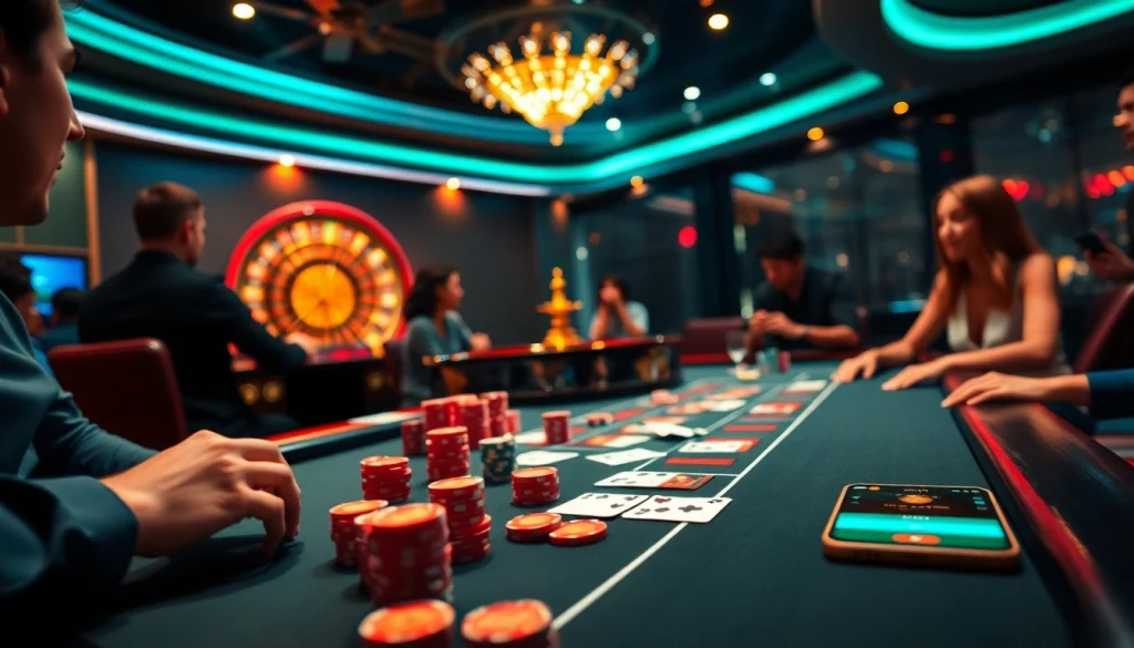 Players eagerly engage in a poker game with vibrant 11UU-themed chips at a luxury casino.