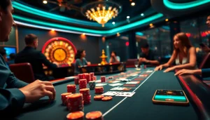 Players eagerly engage in a poker game with vibrant 11UU-themed chips at a luxury casino.