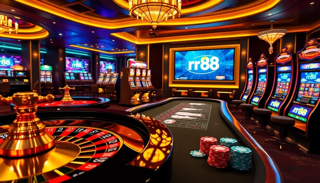 Experience the thrill of online gambling with rr88's vibrant casino scene featuring roulette and slot machines.