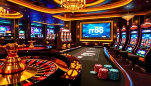 Experience the thrill of online gambling with rr88's vibrant casino scene featuring roulette and slot machines.