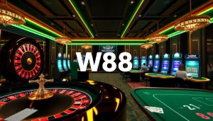 Trải nghiệm cảm giác hồi hộp của cá cược trực tuyến với liên kết W88, có bàn casino thanh lịch và máy đánh bạc đầy màu sắc.