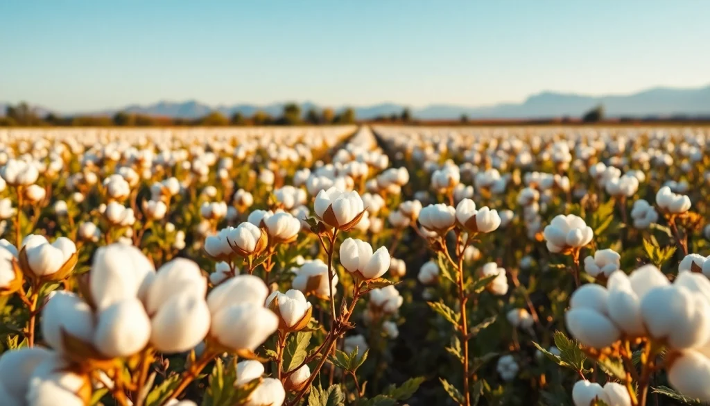 Katoen field at sunrise showcasing fluffy cotton flowers in a serene atmosphere.