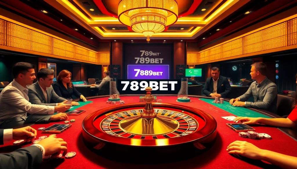 Players enjoying a thrilling gambling experience at 789BET's luxurious casino table with roulette.
