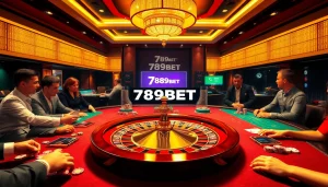 Players enjoying a thrilling gambling experience at 789BET's luxurious casino table with roulette.