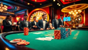 DAGA players engaging in a thrilling game at a luxurious casino poker table with vibrant colors.