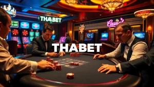 Players winning big at a THABET poker table with vibrant casino elements in the backdrop.