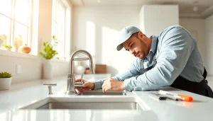 Service expert from https://speedyservicestoday.com.au assisting with urgent plumbing needs in a modern kitchen.