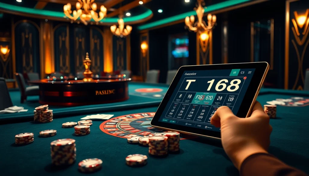 Experience the luxury of เจ้ามือรับแทง F168 with a vibrant casino scene depicting online and traditional gambling elements.