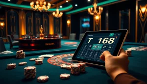 Experience the luxury of เจ้ามือรับแทง F168 with a vibrant casino scene depicting online and traditional gambling elements.