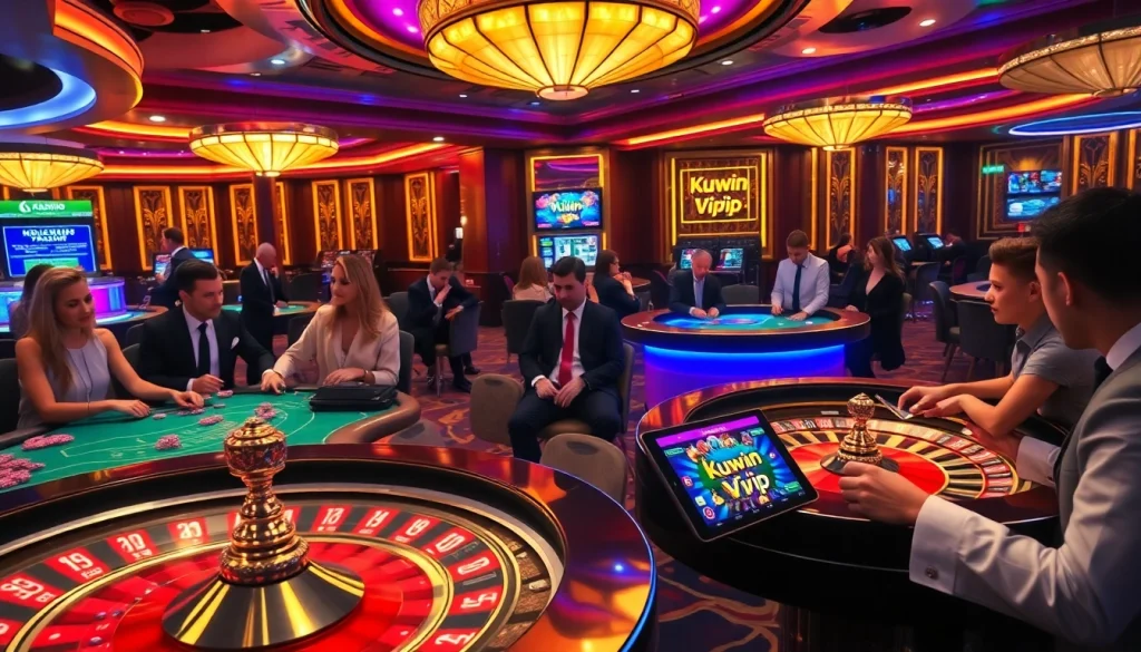 Kuwin VIP players enjoy high-stakes poker at a glamorous casino table featuring real dealers and vibrant ambiance.