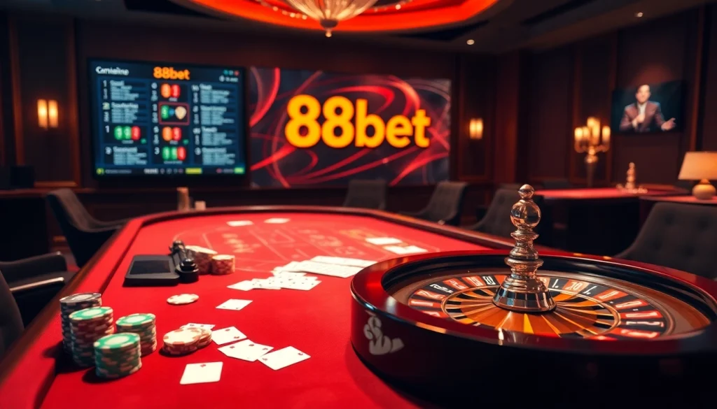 Players winning at 88bet casino with poker chips and roulette wheel in an elegant setting.