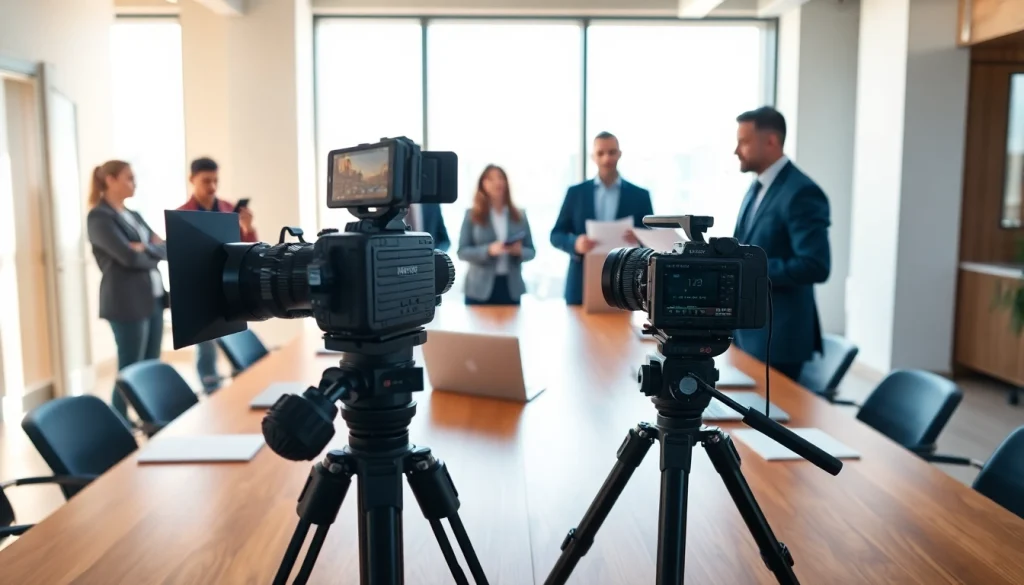 Capture the essence of Corporate Video Production with a diverse team collaborating in a modern office.