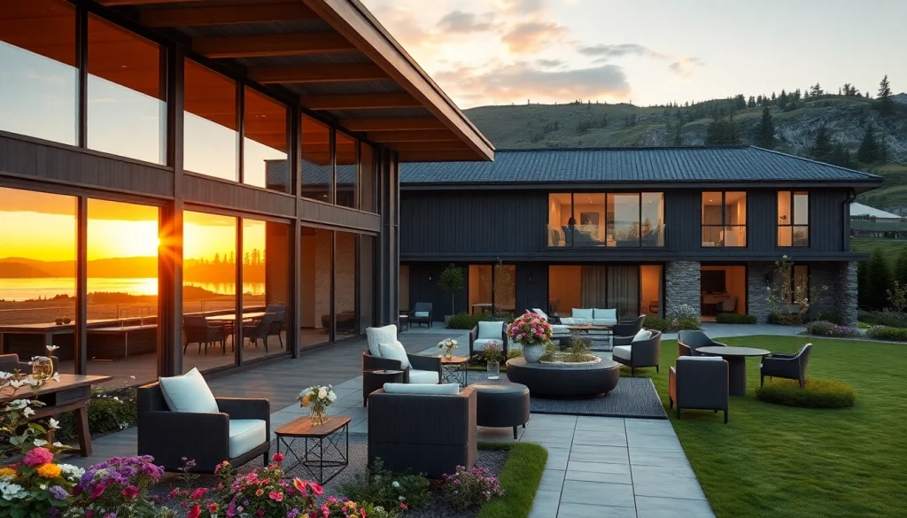 Luxury hotel in Sweden showcasing modern architecture and tranquil landscape at sunset.