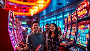 Exciting gaming atmosphere at เจ้ามือรับแทง F168 with diverse players enjoying modern slot machines and virtual betting.