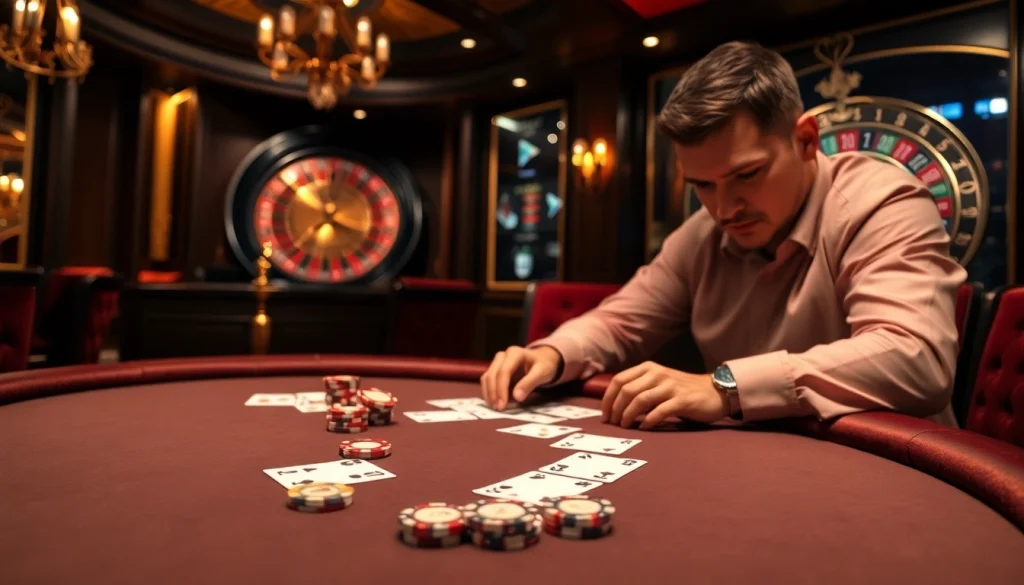 Experience the thrilling action at https://kjc.onl/ with a high-stakes poker game in a luxurious casino setting.