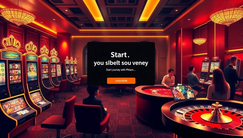 Start your journey with Phlaro in a vibrant online casino featuring modern gaming tables and slot machines.
