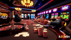 Experience high stakes and excitement at k88win with vibrant casino tables and elegant cards.