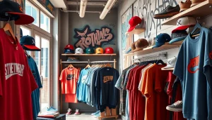 Vibrant streetwear fashion shop showcasing trendy clothing and sneakers.