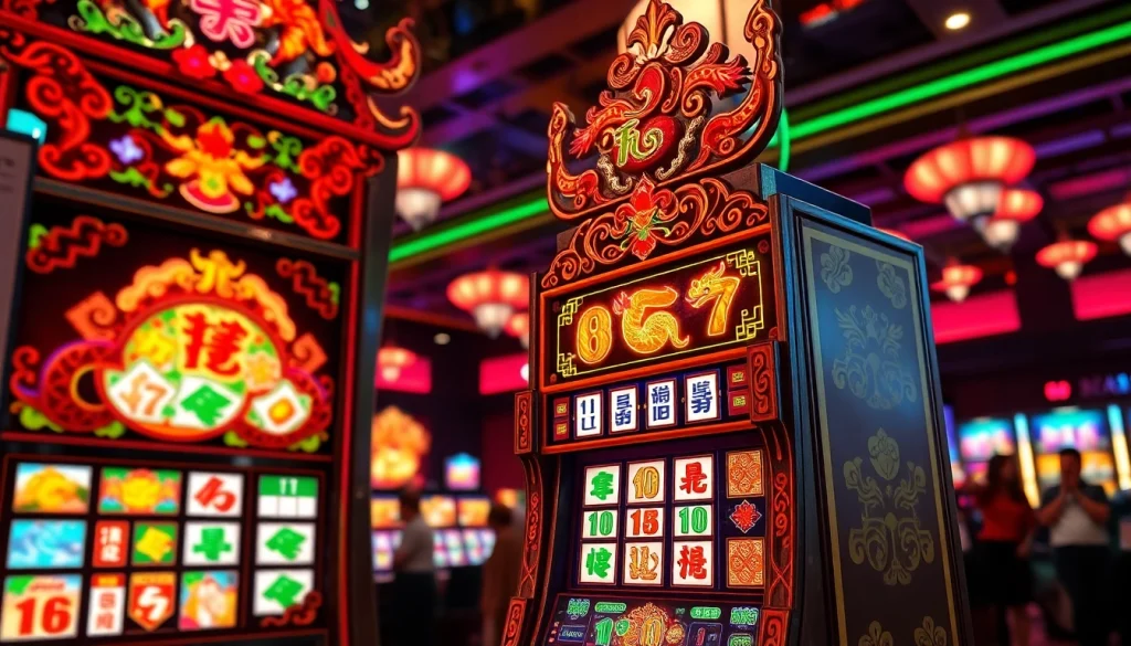 Mainkan mahjong slot di mesin slot kasino tradisional yang meriah dan penuh warna.