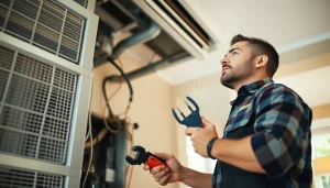 Expert AC repair mesa az technician servicing an air conditioning unit indoors.