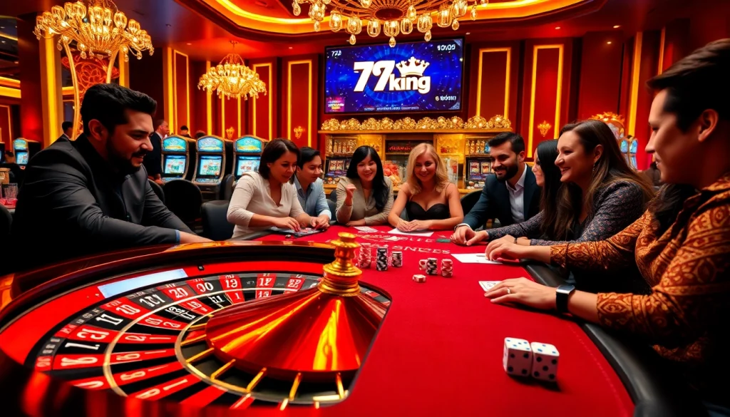 Experience high-stakes excitement at 79 king with gamblers enjoying poker, roulette, and slot machines.