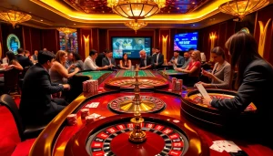 Hi88 gamblers placing bets at an elegant poker table with chips and cards.