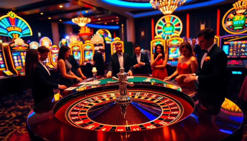 Players enjoying a thrilling roulette game at https://255bett.com.br casino, surrounded by vibrant slot machines and colorful chips.