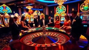 Players enjoying a thrilling roulette game at https://255bett.com.br casino, surrounded by vibrant slot machines and colorful chips.