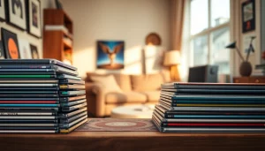 Browse audio CD collection showcasing colorful designs on a vintage shelf in a cozy setting.