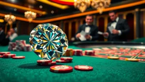 Gambling scene showcasing 培育鑽石 on a roulette table with poker chips, reflecting excitement and luxury.