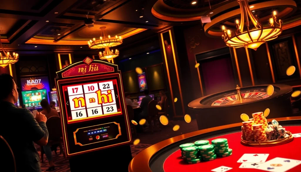 Players eagerly spin the nổ hủ slot machine in a luxurious casino environment.