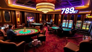 A dynamic casino scene showcasing 789BET excitement with poker chips and roulette tables.