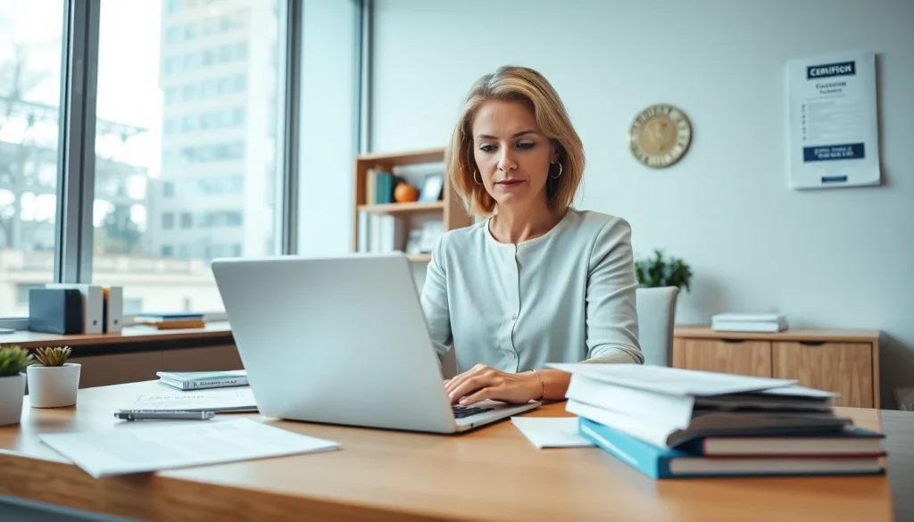 Traducteur allemand assermenté travaillant avec diligence dans un bureau moderne, démontrant son professionnalisme et son expertise.