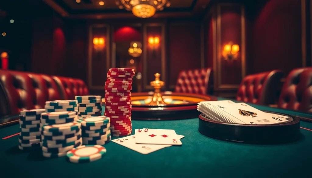 Experience the thrill of EV88 casino games with poker chips and cards on a luxurious table.