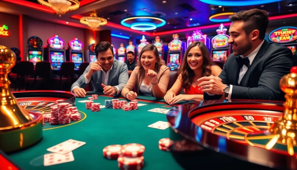 Players enjoying high-stakes poker at i9bet's luxurious casino table, surrounded by vibrant chips and lights.