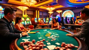 Engage in a thrilling AF88 casino experience with players at a bustling blackjack table.