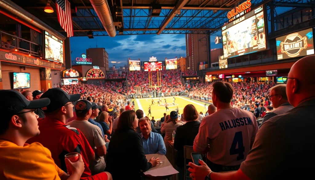 Fans engaged in sports betting Oklahoma at a lively bar during a game.