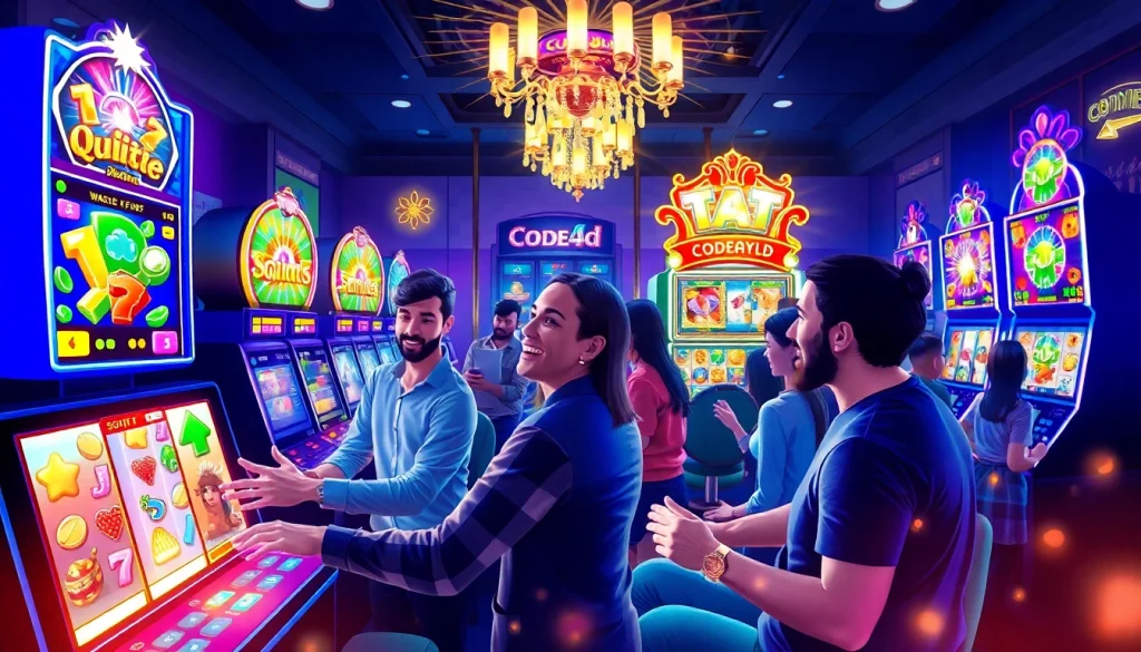 Kode4d online gaming scene featuring players enjoying colorful slot games in a vibrant, casino-like atmosphere.