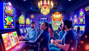 Kode4d online gaming scene featuring players enjoying colorful slot games in a vibrant, casino-like atmosphere.