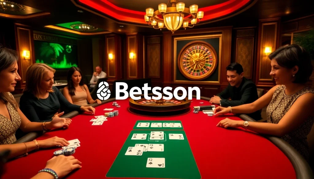 Betsson logo displayed on a high-stakes poker table with players enjoying a thrilling casino atmosphere.