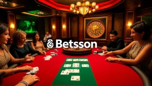 Betsson logo displayed on a high-stakes poker table with players enjoying a thrilling casino atmosphere.