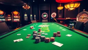 Experience the thrill of new66 gaming with a lavish poker table and exciting slot machines.