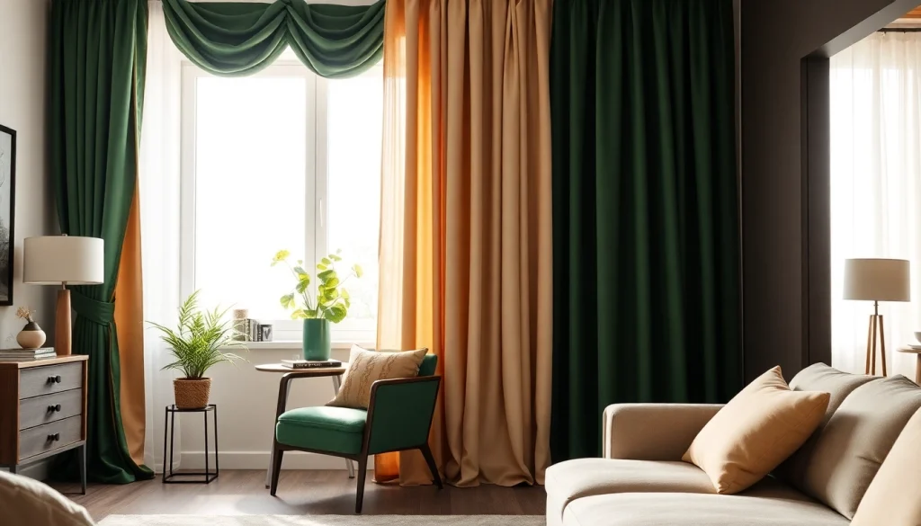 Verschillende gordijnstoffen, waaronder velours, elegant gepresenteerd in een stijlvol interieur.