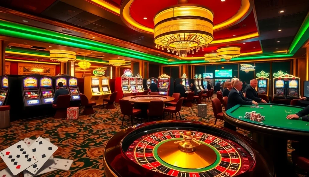 Thrilling scene of luck8 casino games with roulette, slots, and excited players wagering.