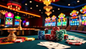 S8 gamblers enjoying an exciting round at a luxurious casino table full of poker chips and cards.