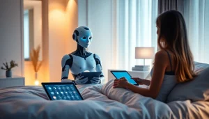 AI sex companion interacting with user in a modern bedroom.