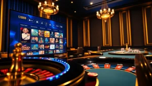 Experience the excitement of UU88 with a virtual casino showcasing roulette and poker tables in a luxurious setting.