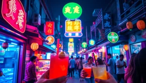 Vibrant street scene showcasing 베트남밤문화 with lively bars and neon lights.