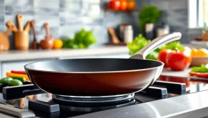 Cooking with a nonstick fry pan NZ on a modern stovetop surrounded by fresh ingredients.